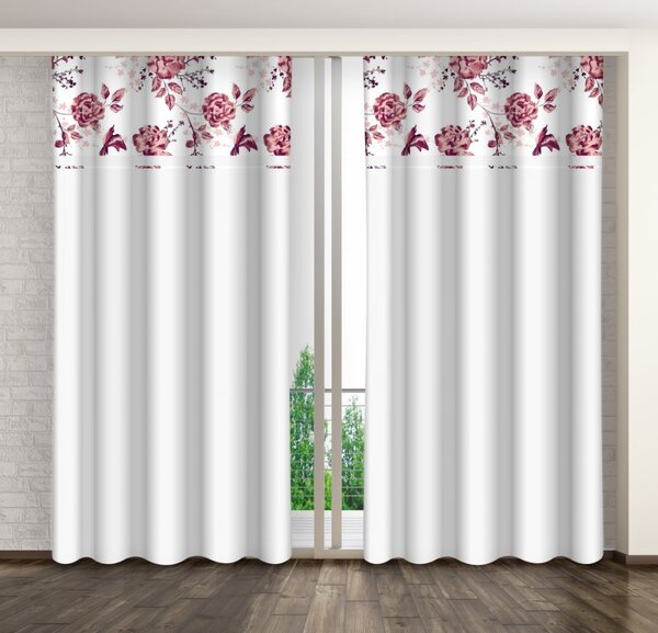 Fehér dekoratív függöny rózsaszín virágmintával Szélesség: 160 cm | Hossz: 250 cm