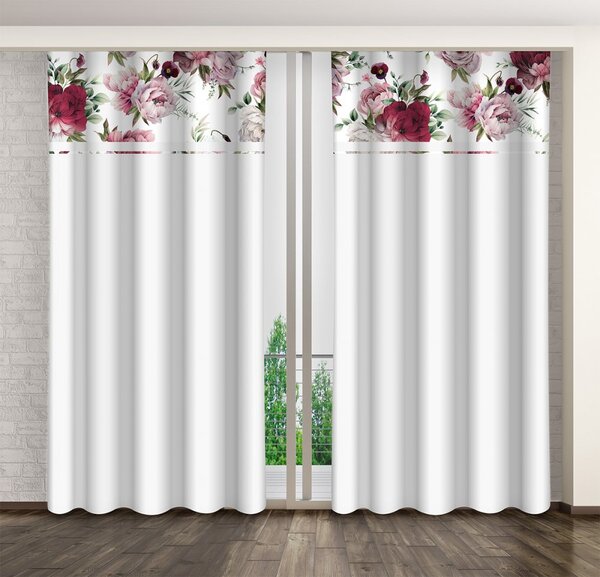 Egyszerű fehér függöny rózsaszín és bordó pünkösdi rózsaszínnel és bazsarózsaszínnel Szélesség: 160 cm | Hossz: 250 cm