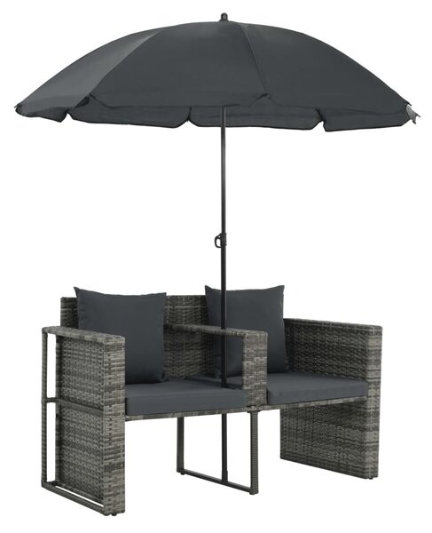VidaXL szürke 2 személyes polyrattan kerti kanapé párnákkal/ernyővel