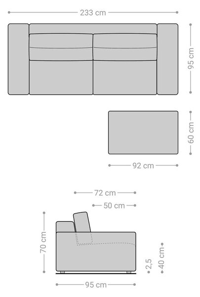 DELIFE Nagy kanapé Lanzo 230x95 cm kordbársony bézs puffal