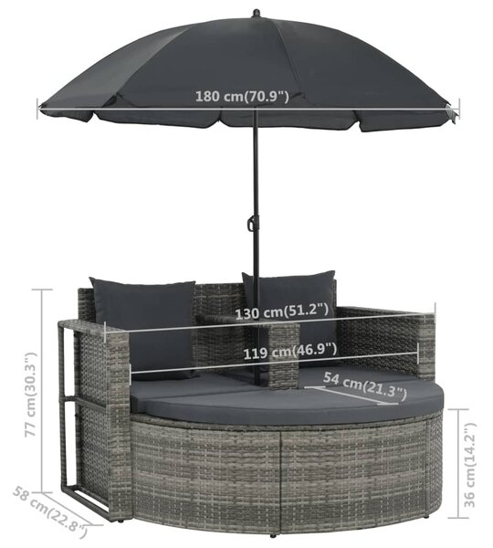 VidaXL szürke 2 személyes polyrattan kerti kanapé párnákkal/ernyővel
