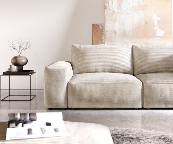 DELIFE Nagy kanapé Lanzo 230x95 cm kordbársony bézs puffal