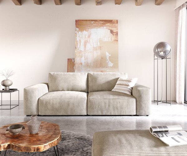 DELIFE Nagy kanapé Lanzo 230x95 cm kordbársony bézs puffal