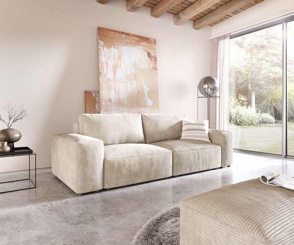 DELIFE Nagy kanapé Lanzo 230x95 cm kordbársony bézs puffal