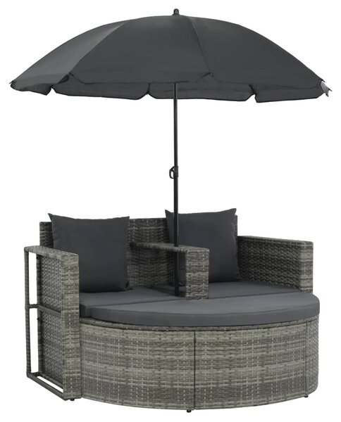 VidaXL szürke 2 személyes polyrattan kerti kanapé párnákkal/ernyővel