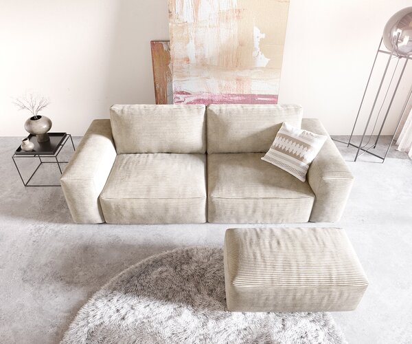 DELIFE Nagy kanapé Lanzo 230x95 cm kordbársony bézs puffal
