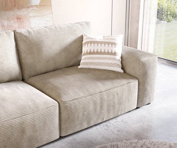 DELIFE Nagy kanapé Lanzo 230x95 cm kordbársony bézs puffal