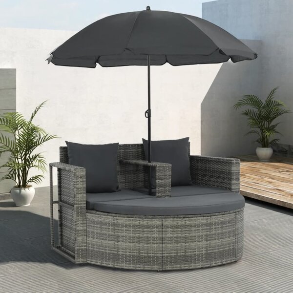VidaXL szürke 2 személyes polyrattan kerti kanapé párnákkal/ernyővel