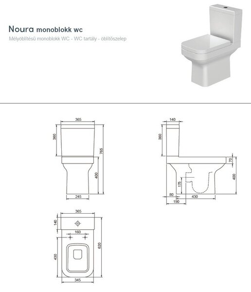 CeraStyle NOURA monoblokk WC - BEÉPÍTETT bidé funkcióval - NEM FALIG érő talppal - 62 cm