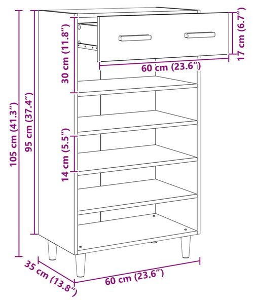 Cipőszekrény fiókkal polcokkal Öreg fa 60 x 35 x 105 cm Faanyag