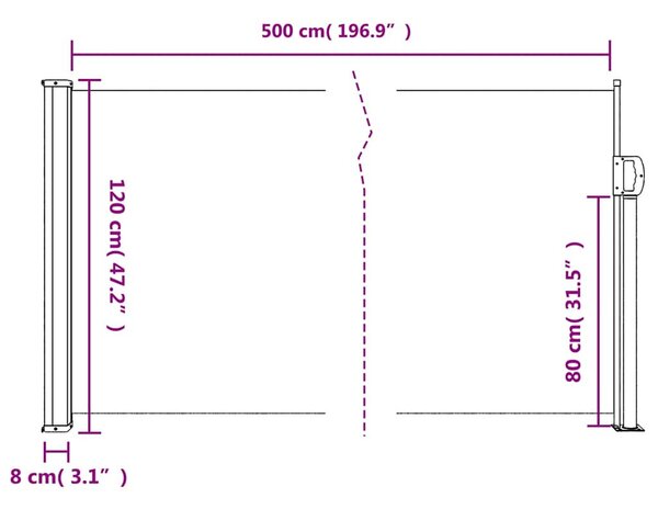 Tópszínű behúzható oldalsó napellenző 120 x 500 cm