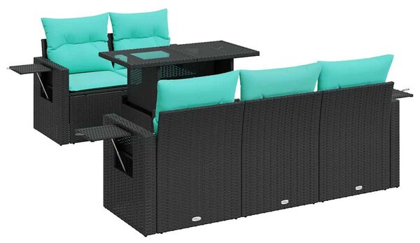 6 részes fekete polyrattan akácfa kerti ülőgarnitúra párnával
