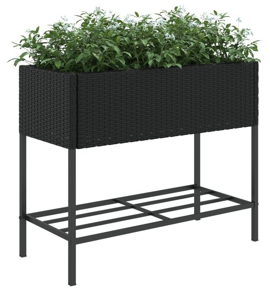 Fekete polyrattan kerti ültetőláda polccal