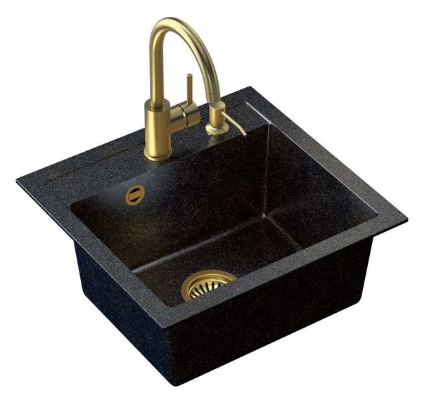 ART JOHNNY fekete arany opálos gránit mosogató Copper Black Pearl szifonnal, Naomi arany színű csap,arany színű adagoló