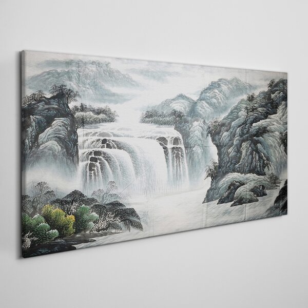 Vászonkép Hegyi folyó vízesés cserjék