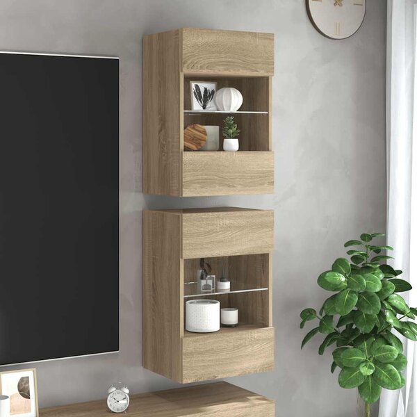 2 db sonoma tölgy színű fali szekrények LED világítással TV-hez 40x30x60,5 cm
