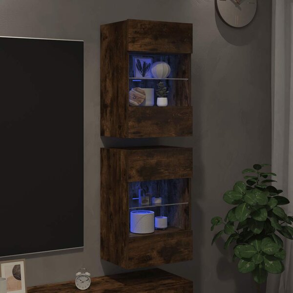 2 db füstös tölgy fali szekrények LED világítással TV-hez 40x30x60,5 cm
