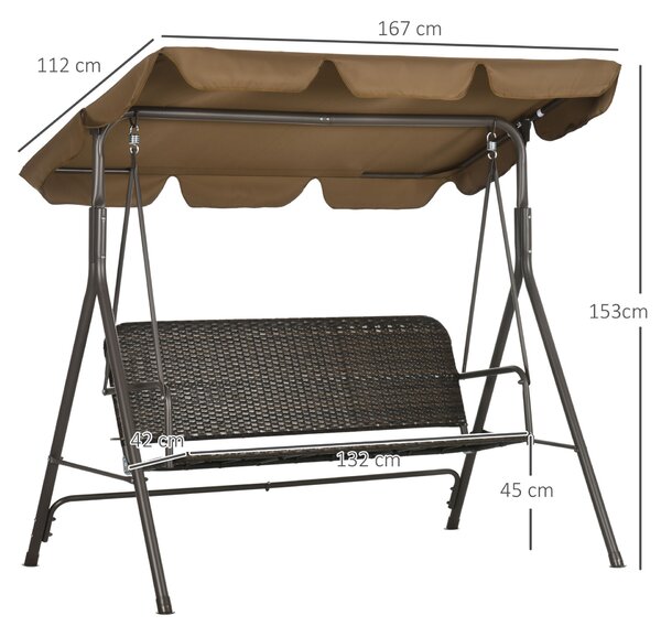3 személyes kerti hintaágy állítható tetővel, PE rattan és acél, 167x112x153cm, barna