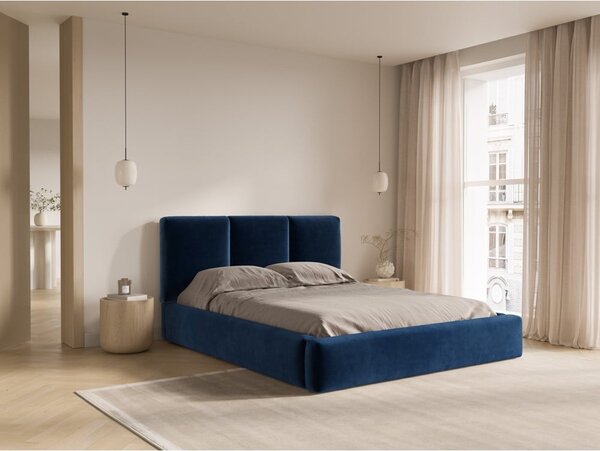 Sötétkék bársony kárpitozott ágyneműtartós franciaágy ágyráccsal 200x200 cm Brody – Mazzini Beds