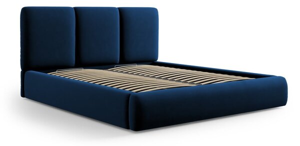 Sötétkék bársony kárpitozott ágyneműtartós franciaágy ágyráccsal 200x200 cm Brody – Mazzini Beds
