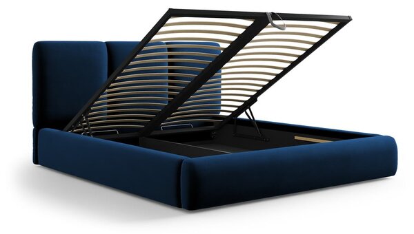 Sötétkék bársony kárpitozott ágyneműtartós franciaágy ágyráccsal 200x200 cm Brody – Mazzini Beds