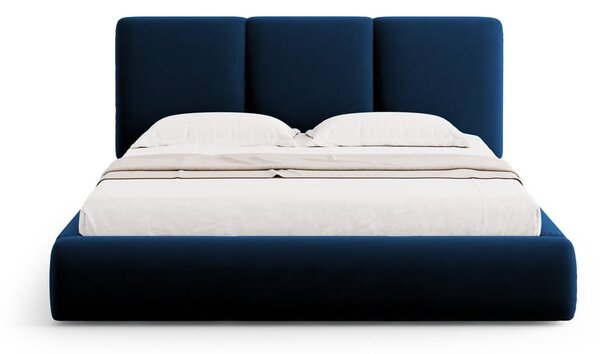 Sötétkék bársony kárpitozott ágyneműtartós franciaágy ágyráccsal 200x200 cm Brody – Mazzini Beds