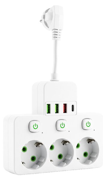 Toolight Toollight, JNH018, 3 foglalatos + 3× USB-A + USB-C elosztó LED lámpával, fehér, OSW-56306