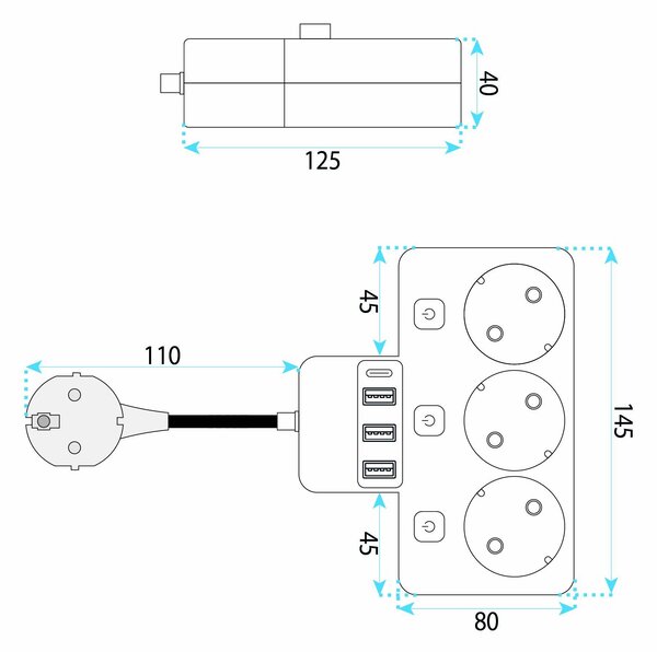 Toolight Toollight, JNH018, 3 foglalatos + 3× USB-A + USB-C elosztó LED lámpával, fehér, OSW-56306