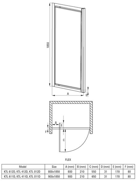 DEANTE Flex, lengőajtó zuhanykabinhoz 80x185 cm, 5 mm-es átlátszó üveg, króm profil, KTL_612D