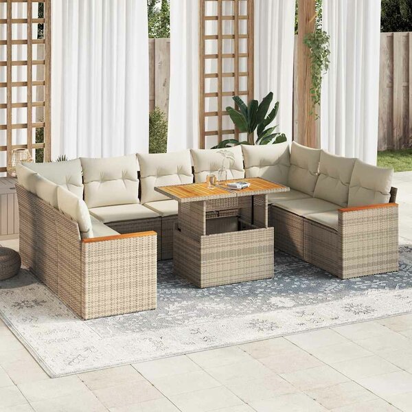 VidaXL 10 részes bézs polyrattan akácfa kerti ülőgarnitúra párnával