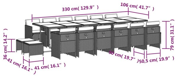 17részes vegyes bézs polyrattan kerti étkezőgarnitúra párnákkal