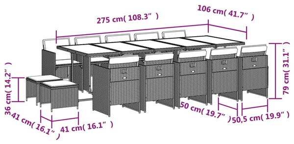 15 részes vegyes bézs polyrattan kerti étkezőgarnitúra párnával