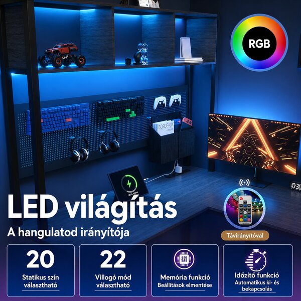 L alakú Gamer asztal, íróasztal 120*48*152cm, fekete LED világítással, hálózati elosztóval