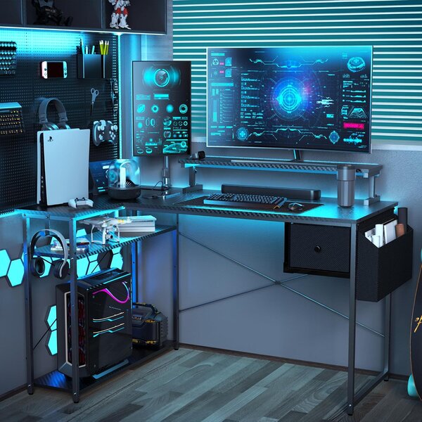 L alakú íróasztal, gamer asztal 120*83*74cm, fekete LED világítás, EU hálózati elosztóval, USB porttal (MK-1B)