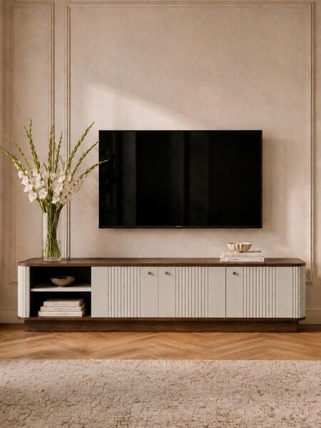 Vesper 4D TV-szekrény 187 cm talapzaton - kasmír / dió / fekete fogantyúk