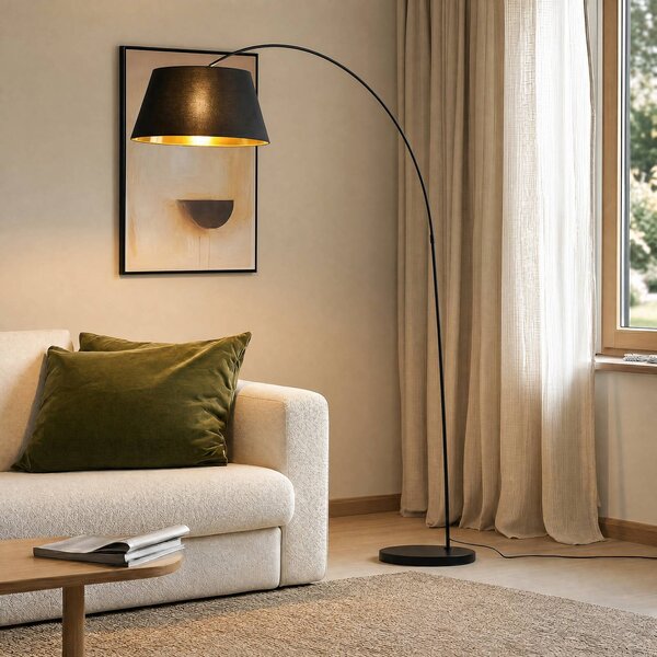 Lindby Esti állólámpa, fekete/arany, szövet, magasság 192cm, Fekete, Nappali / Étkező, Textil / szövet / selyem, Modern