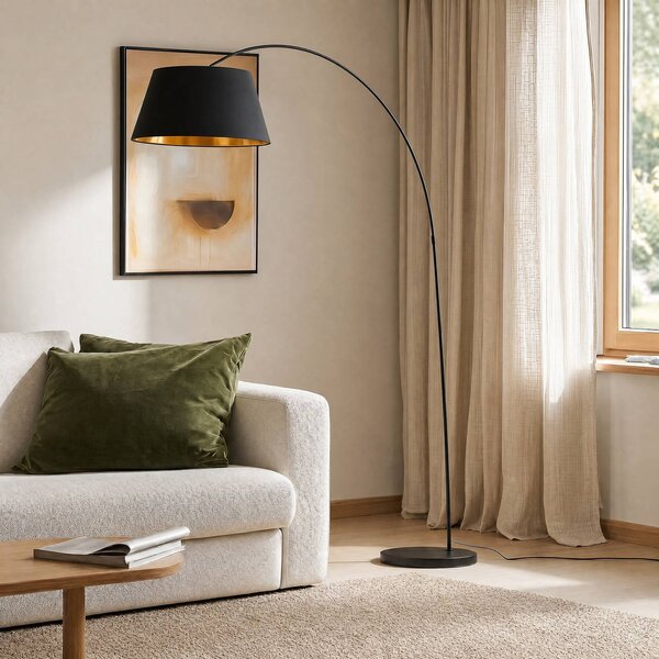 Lindby Esti állólámpa, fekete/arany, szövet, magasság 192cm, Fekete, Nappali / Étkező, Textil / szövet / selyem, Modern