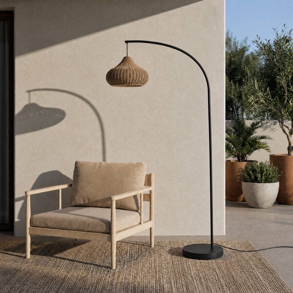 Lucande Taniola kültéri állólámpa, bézs, rattan, 195 cm, IP44, Világos fa, Fa, Vidéki otthon / Rusztikus