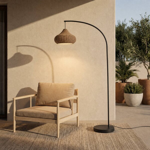 Lucande Taniola kültéri állólámpa, bézs, rattan, 195 cm, IP44, Világos fa, Fa, Vidéki otthon / Rusztikus