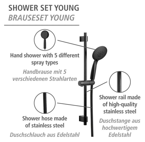 Fekete rozsdamentes acél zuhanyszett 66 cm Young – Wenko