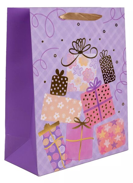Ajándékcsomag mintás szalagfüles papír ajándéktasak (18 x 23 cm) - Lila/Mintás