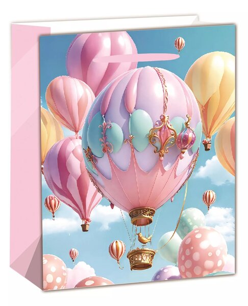 Hőlégballon mintás szalagfüles papír ajándéktasak (18 x 23 cm) - Rózsaszín/Mintás