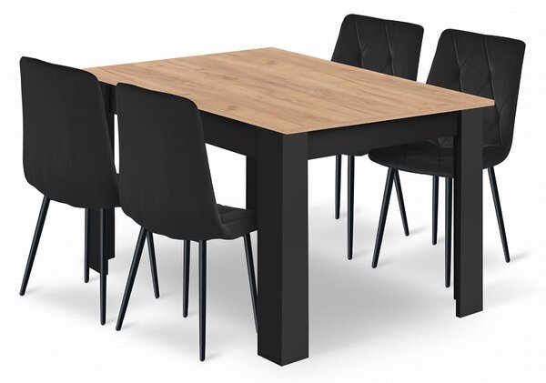 Étkezőasztal szett: NP 120×80 cm craft tölgy/fekete + 4 db DORA szék fekete/fekete láb