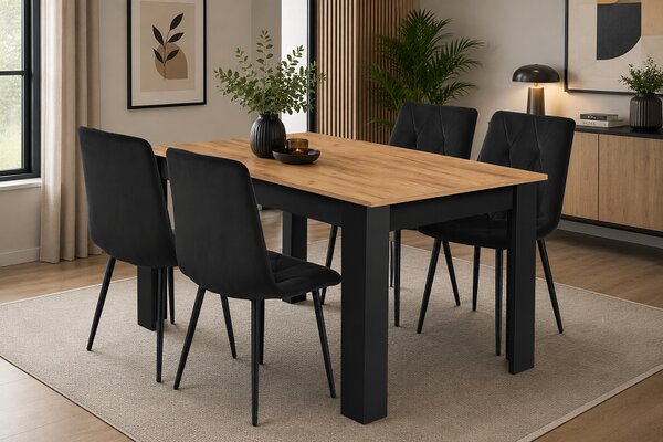 Étkezőasztal szett: NP 120×80 cm craft tölgy/fekete + 4 db DORA szék fekete/fekete láb