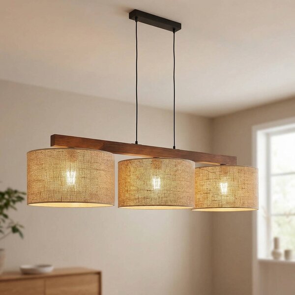 TK Lighting Juta függő lámpa, 3 izzós, gerendá, dimmelhető, Világos fa, Nappali / Étkező, Textil / szövet / selyem