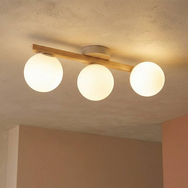 TK Lighting Estera mennyezeti lámpa, opálüveg, fa, háromlángos, dimmelhető, Világos fa, Nappali / Étkező, Üveg