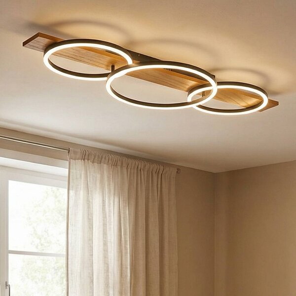 Lindby LED mennyezeti lámpa Galad, fekete, fa, 3 lámpás, 98 cm, dimmelhető, Világos fa, Nappali / Étkező, Fa, Modern