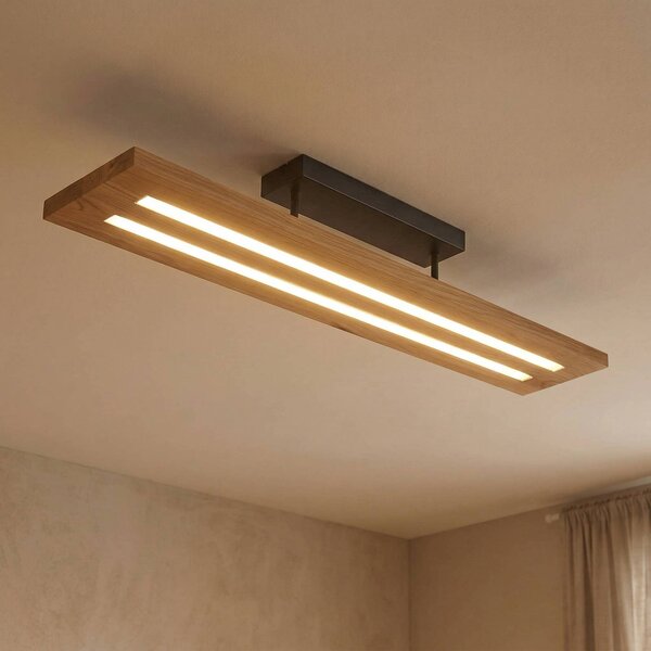 Lindby LED mennyezeti lámpa Nesaja, fekete, fa, 98cm, fényerőszabályozható, dimmelhető, Világos fa, Nappali / Étkező, Fa, Vidéki otthon / Rusztikus