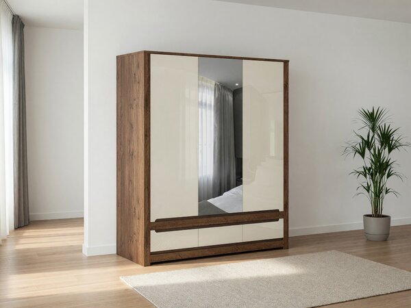 Gardróbszekrény Ophevaru 114, Közepes sűrűségű farostlemez, Laminált forgácslap, 205x179x61cm, Fényes krém, April tölgy
