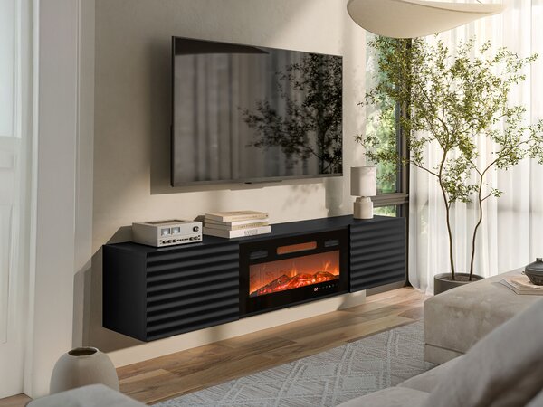 TV-állvány Charlotte 206, Közepes sűrűségű farostlemez, Laminált forgácslap, 37x183x35cm, Fekete